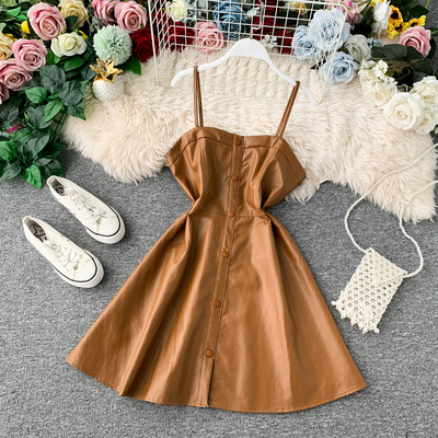 Rochie moderna de dama cu bretele subtiri din piele ecologica in patru culori