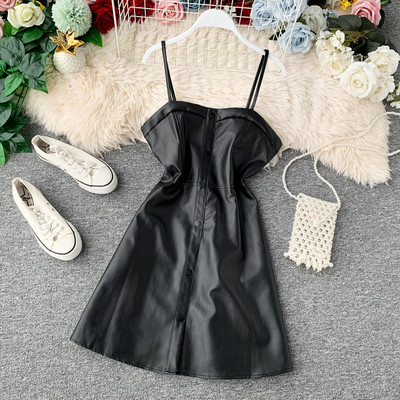 Rochie moderna de dama cu bretele subtiri din piele ecologica in patru culori