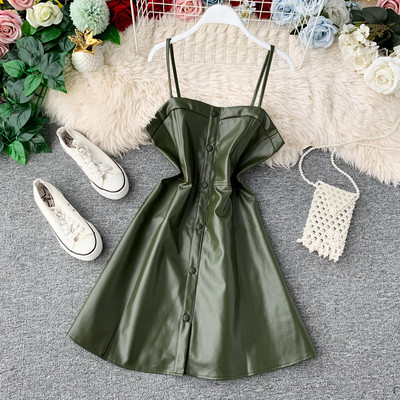 Rochie moderna de dama cu bretele subtiri din piele ecologica in patru culori