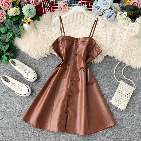 Rochie moderna de dama cu bretele subtiri din piele ecologica in patru culori