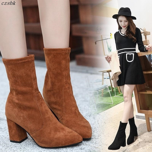 Modern, vastag sarkú női csizma eco velúrból, barna és fekete színben