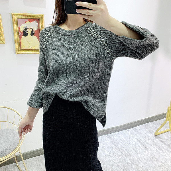 Pulover larg de dama cu maneci 7/8 si perle