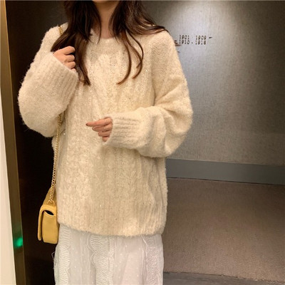 Fényes hatású női kötött pulóver bézs és szürke színben