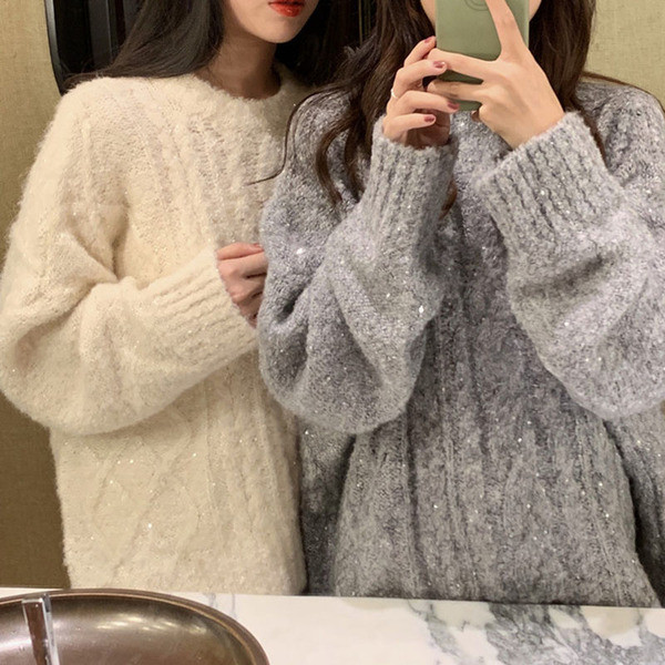 Fényes hatású női kötött pulóver bézs és szürke színben