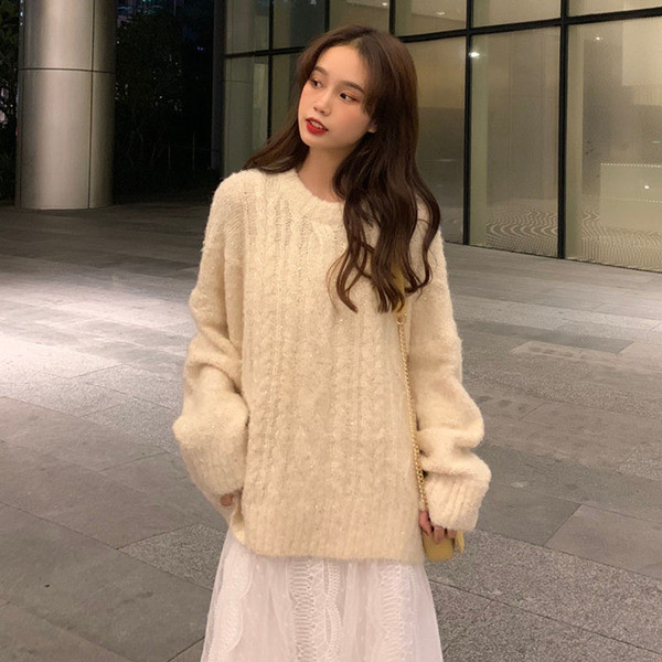 Fényes hatású női kötött pulóver bézs és szürke színben