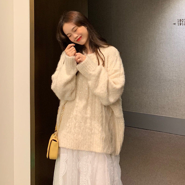 Fényes hatású női kötött pulóver bézs és szürke színben