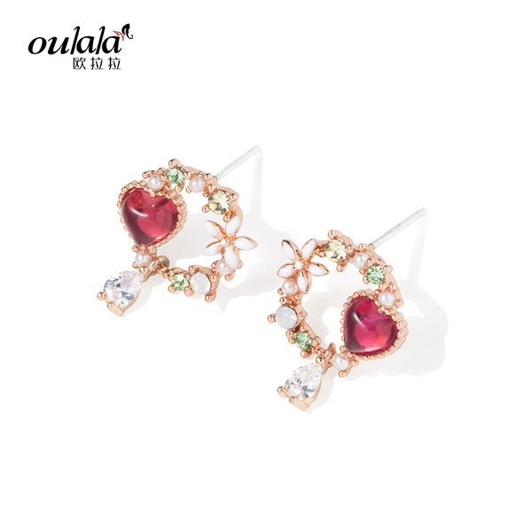 Cercei moderni de dama cu pietre in rosu