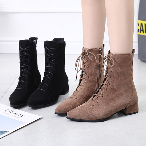 Cizme de dama din piele intoarsa cu fermoar in negru si bej