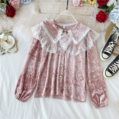 Öko velúrból készült csipkés, gombos női ing több színben