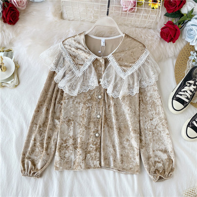 Öko velúrból készült csipkés, gombos női ing több színben