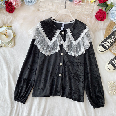 Öko velúrból készült csipkés, gombos női ing több színben