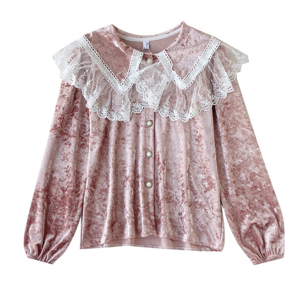 Öko velúrból készült csipkés, gombos női ing több színben