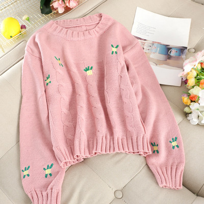 Pulover de dama cu broderie si decolteu rotund in mai multe culori