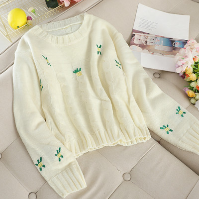 Pulover de dama cu broderie si decolteu rotund in mai multe culori