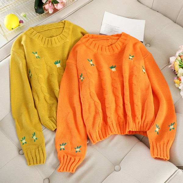 Pulover de dama cu broderie si decolteu rotund in mai multe culori