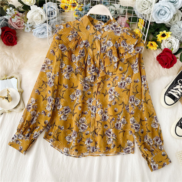 Cămașă elegantă de damă cu model floral și nasturi în mai multe culori