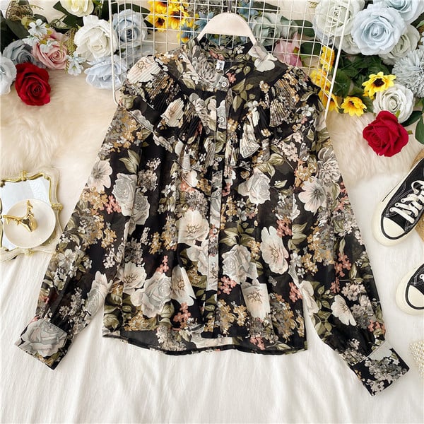 Cămașă elegantă de damă cu model floral și nasturi în mai multe culori