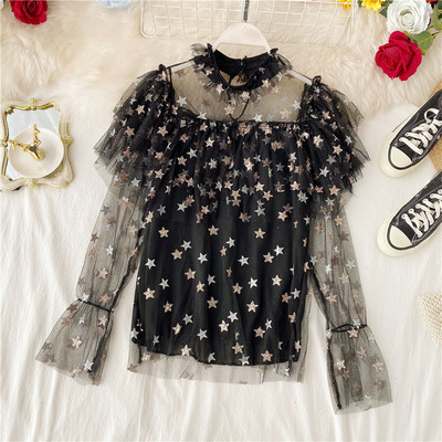 Cămașă de damă cu guler înalt și tul în mai multe culori