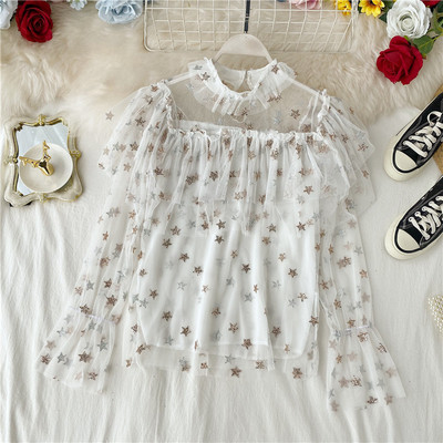 Cămașă de damă cu guler înalt și tul în mai multe culori