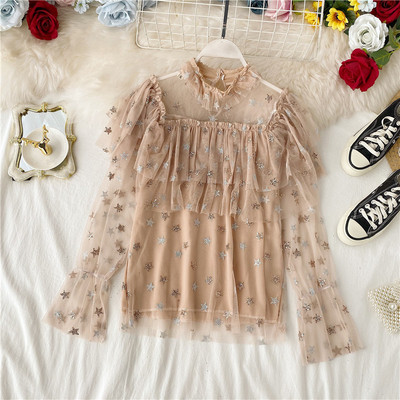 Cămașă de damă cu guler înalt și tul în mai multe culori