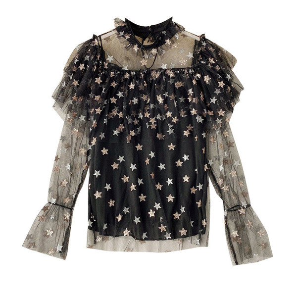 Cămașă de damă cu guler înalt și tul în mai multe culori