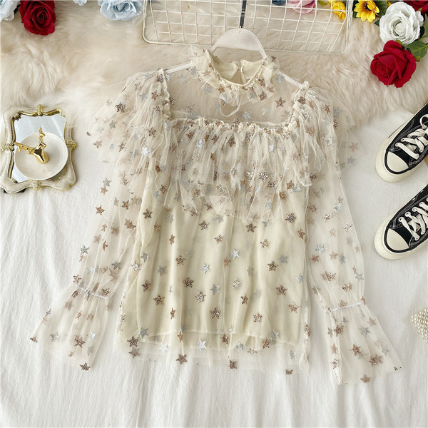 Cămașă de damă cu guler înalt și tul în mai multe culori