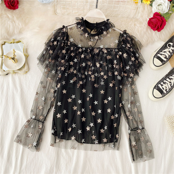 Cămașă de damă cu guler înalt și tul în mai multe culori