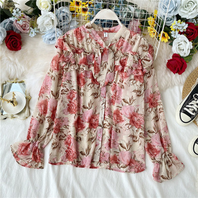 Cămașă modernă de damă cu model floral și panglică în patru culori