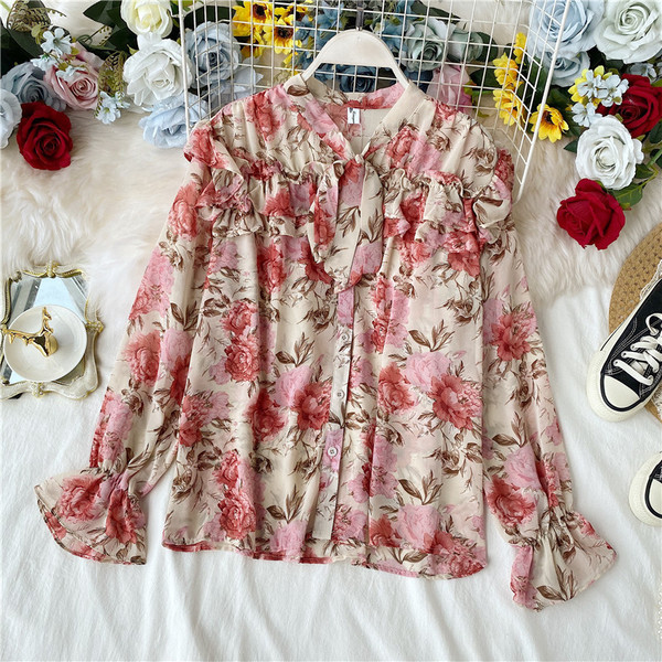 Cămașă modernă de damă cu model floral și panglică în patru culori