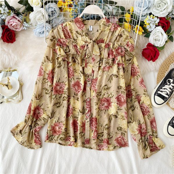 Cămașă modernă de damă cu model floral și panglică în patru culori