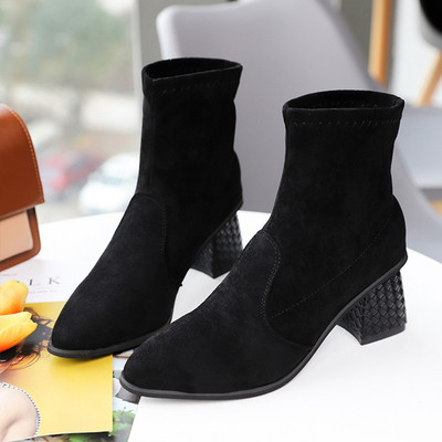 Γυναικείες μοντέρνα σουέτ μπότες μυτερό μοντέλο με χοντρό τακούνι