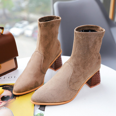 Γυναικείες μοντέρνα σουέτ μπότες μυτερό μοντέλο με χοντρό τακούνι