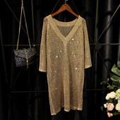 Modern női rövid átlátszó ruha 3/4 ujjal, arany és fekete színben