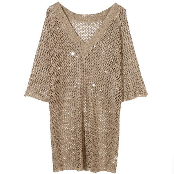 Modern női rövid átlátszó ruha 3/4 ujjal, arany és fekete színben