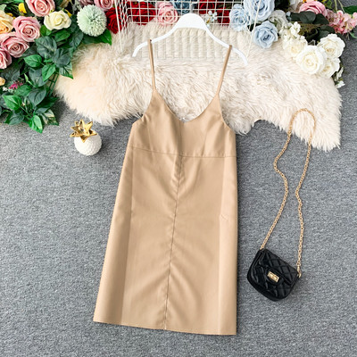 Rochie moderna de dama din piele ecologica cu bretele subtiri in trei culori