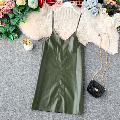 Rochie moderna de dama din piele ecologica cu bretele subtiri in trei culori