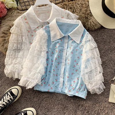 Camasa de dama model nou cu model floral si maneci din dantela