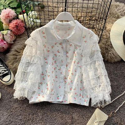 Camasa de dama model nou cu model floral si maneci din dantela