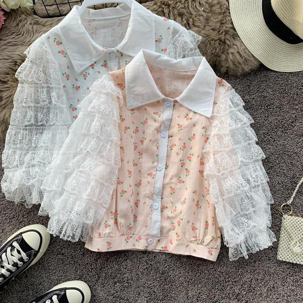 Camasa de dama model nou cu model floral si maneci din dantela