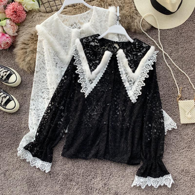 Cămașă elegantă de damă cu nasturi și puf în alb și negru