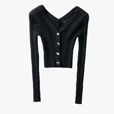 Cardigan de dama model nou cu nasturi si decolteu spitz in alb, negru, galben si roz