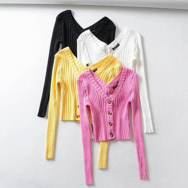 Cardigan de dama model nou cu nasturi si decolteu spitz in alb, negru, galben si roz