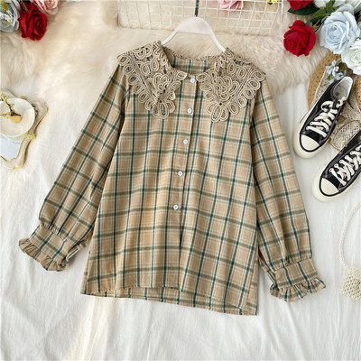 Modern női kockás ing csipkegallérral és gombokkal, két színben