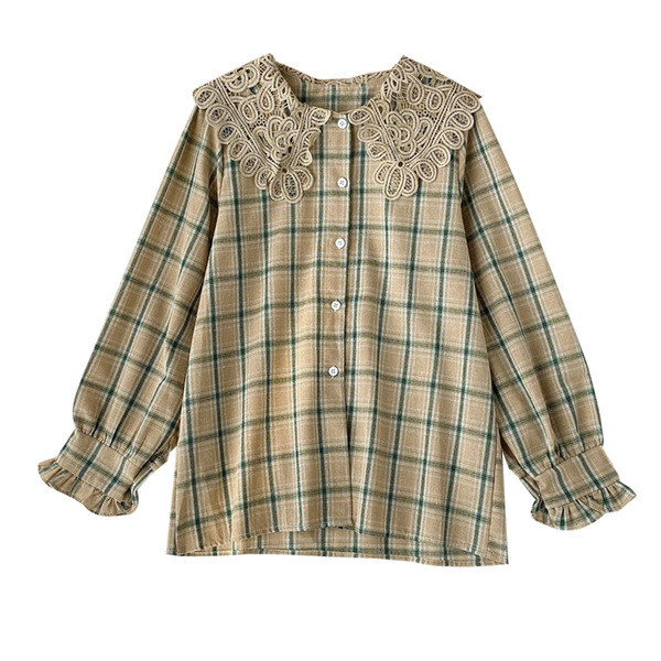Modern női kockás ing csipkegallérral és gombokkal, két színben