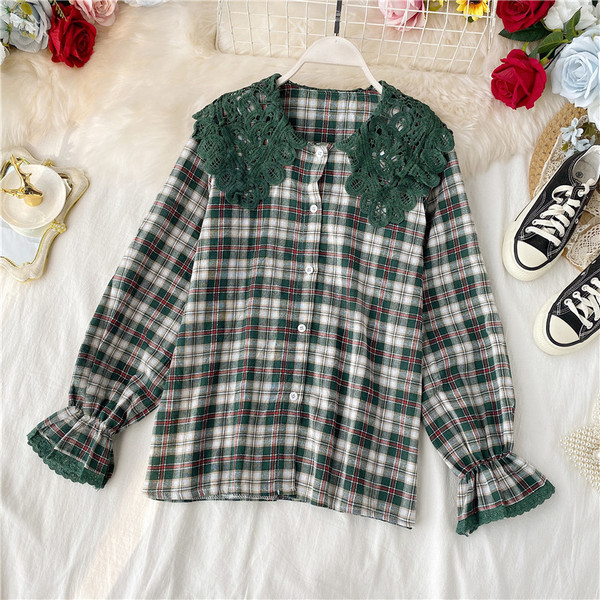 Modern női kockás ing csipkegallérral és gombokkal, két színben
