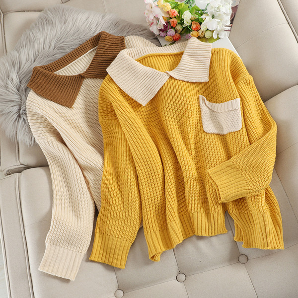 Pulover de dama cu guler si buzunar in mai multe culori