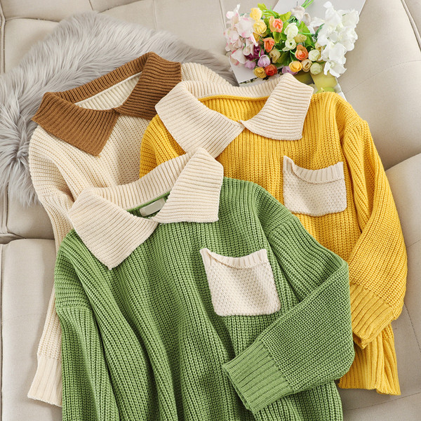 Pulover de dama cu guler si buzunar in mai multe culori