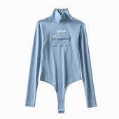 Body de dama model nou modern cu guler polo inalt si fermoar in culorile alb, negru si albastru