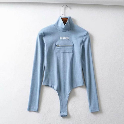 Body de dama model nou modern cu guler polo inalt si fermoar in culorile alb, negru si albastru