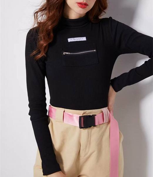 Body de dama model nou modern cu guler polo inalt si fermoar in culorile alb, negru si albastru